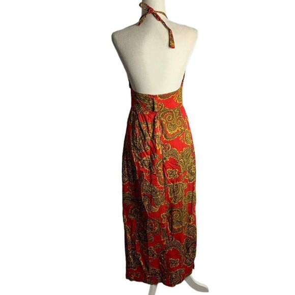 Vintage Handmade 70s Halter Dress S Red Paisley Maxi Sweetheart Tie Neck Zip - Picture 7 of 8